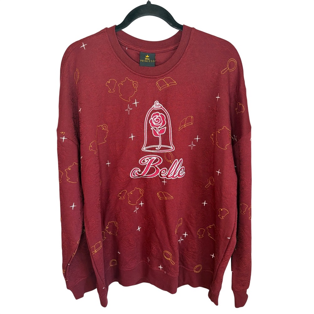 Disney Princess Belle BoxLunch Burgundy Embroidered Quilted Sweatshirt XL New